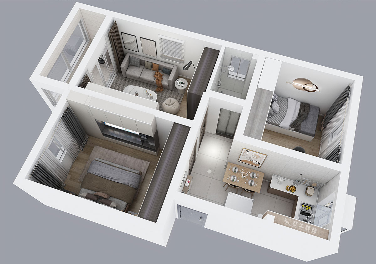 朱彦｜普德村118号4-406-65㎡-简约风格｜2室2厅1卫｜老房装修｜定制家｜全包11万｜00_04鸟瞰图